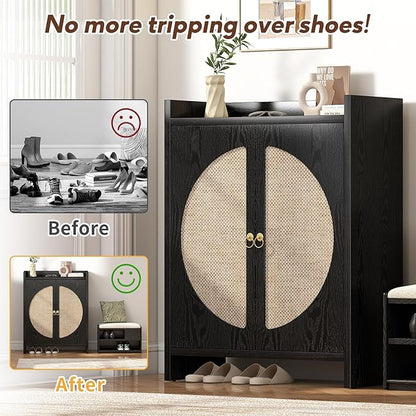 Shoe Cabinet Storage for Entryway - Rattan Entry Way Shoe Storage Cabinet with Adjustable Shelves, Wood Shoe Organizer Cabinet, Accent Cabinet with Doors for Entrance Hallway Living Room Foyer