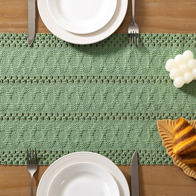 Socomi Sage Green Boho Table Runner Valentine's Day Farmhouse Rustic Dining Kitchen Centerpiece Decor Small Macrame Woven Cotton Linen Coffee Table Runner for Dresser Scarf Home Decor 12x48 inch