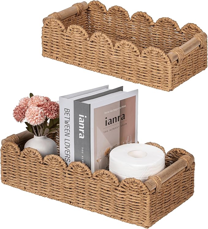 CubesLand Toilet Paper Storage Basket, Scalloped Edge Shelves Basket for Organizing for Over Toilet Tank Storage, Home Decor Baskets for Shelf, Countertop, Living Room, Bedroom, Handwoven, Neutral