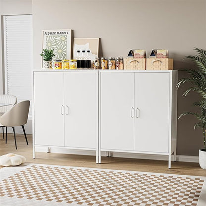 COFaR White Metal Storage Cabinet, 40” Kitchen Buffet & Coffee Bar Cabinet with Adjustable Shelves, 3-Tier Steel Organizer with Magnetic Doors, Sideboard for Dining Room, Home Office