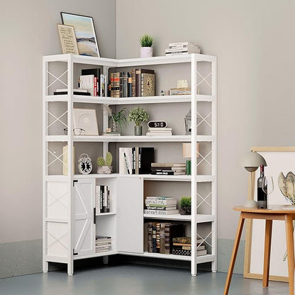 Jartoil Corner Bookshelves 6 Tier, Farmhouse Wooden Bookcases for Corner, L Shaped Etagere Bookshelf with Storage for Living Room Home Office