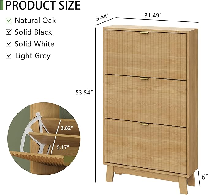 Shoe Cabinet with 3 Flip Drawers, 54" Tall Narrow Fluted Shoe Storage Organizer for Entryway, Hidden Slim Wooden Shoe Rack Cabinet for Front Door Entrance, Hallway, Living Room, Natural Oak