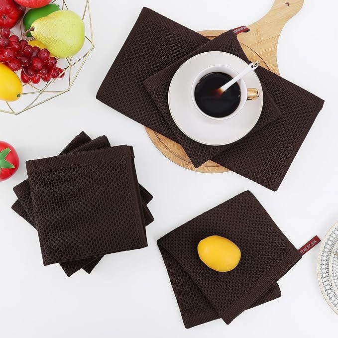 Homaxy 100% Cotton Waffle Weave Kitchen Dish Cloths, Ultra Soft Absorbent Quick Drying Dish Towels, 12 x 12 Inches, 18-Pack, Dark Brown