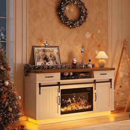 Jocoevol 58" Farmhouse Electric Fireplace TV Stand for TVs up to 65", Entertainment Center with 2 Large Storage Drawers, Sliding Barn Doors, Adjustable Shelves, TV Console for Living Room - White