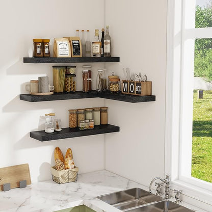 Floating Shelves for Wall, 24 Inch Floating Shelves Set of 2, Wall Mounted Rustic Wood Shelf for Bathroom, Living Room, Bedroom and Kitchen, Hanging Shelf for Storage, Books, Home Decor, Black