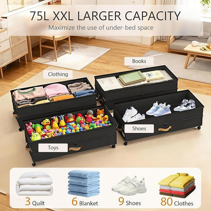 Under Bed Storage with Wheels 2-Pack, 75L XXL Under the Bed Storage Containers Large, 12" Tall Adjustable Storage for Underbed with Lids, Rolling for Clothes, Shoes, Blankets (4PCS-Black)