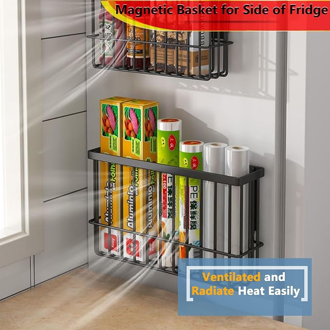 Magnetic Basket Kitchen Refrigerator Organizer Foil and Plastic Wrap Organizer for Fridge Heavy Duty Metal Storage (10.25" L x 3.2" W x 6" H, Black)
