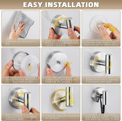 Suction Cup Hooks for Shower - Bathroom Reusable Hooks for Towels, Robes & Loofah - No-Drill Mounting on Kitchen,Walls,Metal,Glass,Mirrors,Tile & Smooth Non-Porous Surfaces (4, Brushed Nickel)