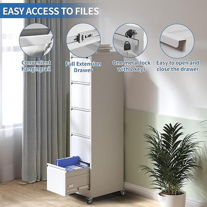 5 Drawer Mobile File Cabinet, Metal Filing Cabinet with Lock and Wheels, Home Office Rolling File Cabinets for Legal/Letter Hanging File Folders, Un-Assembled (White)