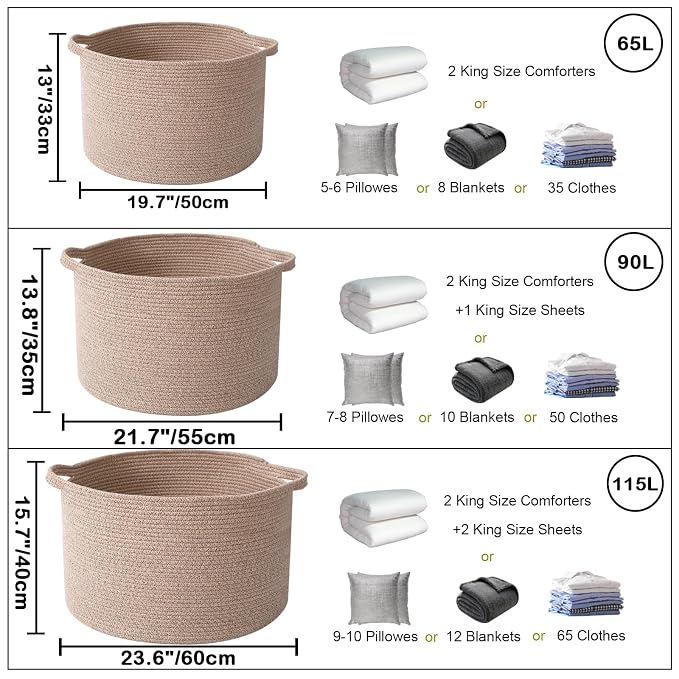 90L Extra Large Blanket Basket,Woven Rope Laundry Basket Hamper with Handles, Decorative Nursery Basket Storage Bin for Toys, Clothes Organizer, Living Room, Bedroom, Bathroom, Brown