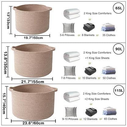 90L Extra Large Blanket Basket,Woven Rope Laundry Basket Hamper with Handles, Decorative Nursery Basket Storage Bin for Toys, Clothes Organizer, Living Room, Bedroom, Bathroom, Brown
