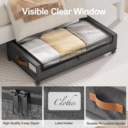 LAMU Under Bed Storage with Wheels, 2 Pack Under Bed Storage Containers with Clear Lid, XXL 60 L Underbed Storage Bins, Rolling Under Bed Metal Drawers for Clothes, Blankets, Shoes, Hemp Grey