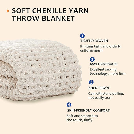 L'AGRATY Chunky Knit Blanket Throw,Soft Chenille Yarn Throw Blanket 50x60，Handmade Cable Knit Crochet Blanket,Large Knit Blankets Chunky Yarn,Rope Knot Throw Blanket for Couch Sofa Bed Home Decor