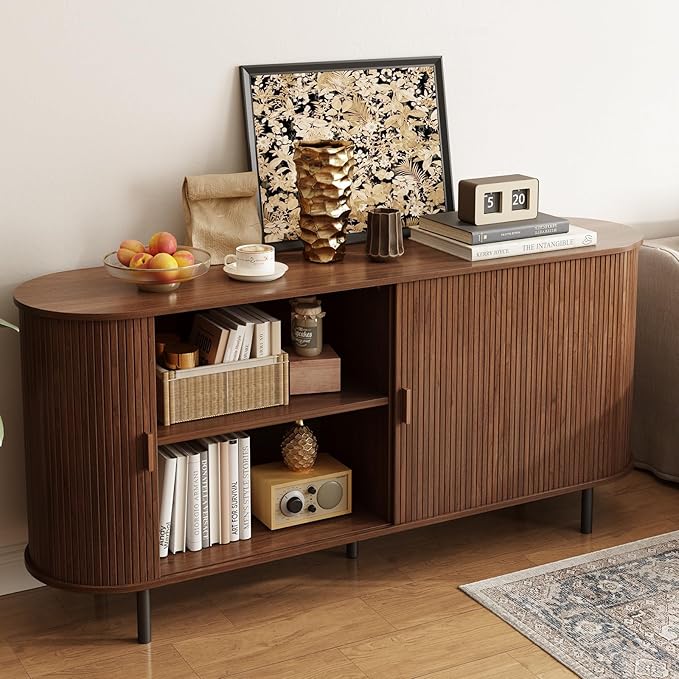 ONBRILL 63" Sideboard Buffet Cabinet with Storage, Storage Cabinet with Sliding Door & Adjustable Shelf, Modern Accent Coffee Bar Console Table for Kitchen, Entryway, Walnut