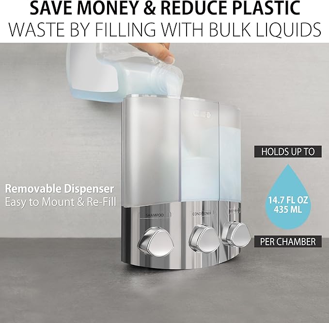 Better Living Products 76344-1 Euro Series TRIO 3-Chamber Soap and Shower Dispenser, Chrome