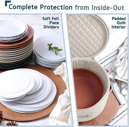 Fine China Storage Containers Hard Shell, 4 Piece Dish Storage Containers, Quilted Plate Containers, Stackable Dish Organizer with Dividers, Dinnerware Storage for Moving and Seasonal Storage, Cream