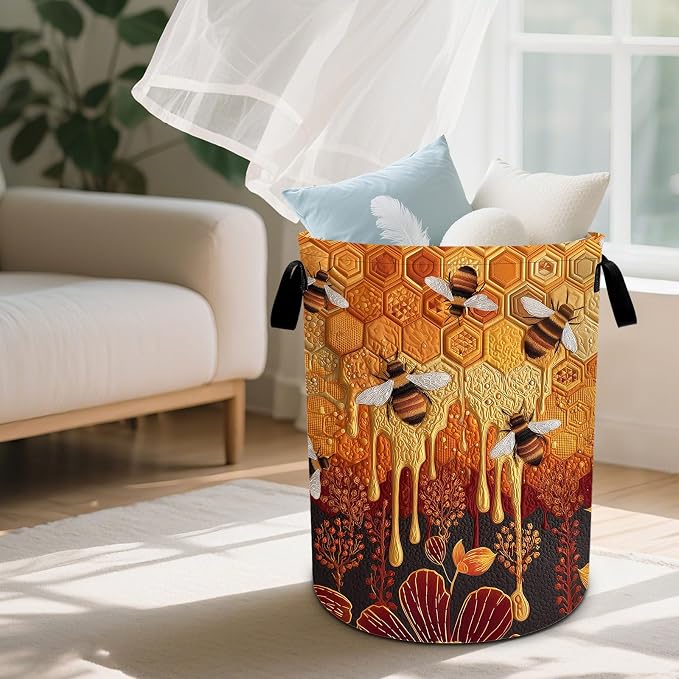 Bee Laundry Basket Waterproof Laundry Hamper Foldable Laundry Bag with Handles for Bedroom, Bathroom, Office, Clothes Storage