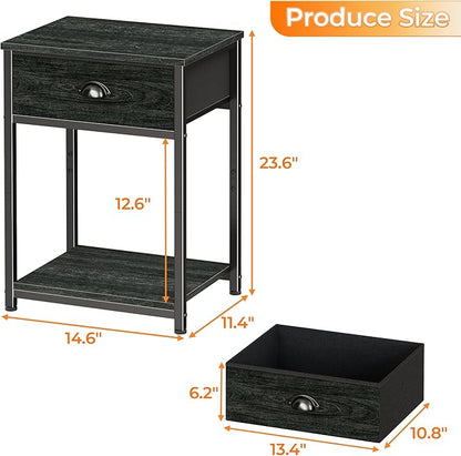 Furologee Nightstands Set of 2, Industrial End Table with Fabric Drawer&Storage Shelf, Small Bedside Table Organizer for Small Space for Living Room, Tall 23.6" Night Stand for Bedroom, Black Oak