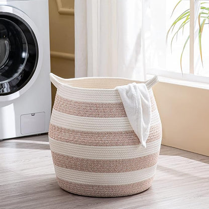KAKAMAY Woven Baskets for Storage(17"x17"),Large Cotton Rope Woven Baby Laundry Hamper,Collapsible Laundry Basket, Blanket Basket for Organizing Living Room,Nursery,Pillows,Toy Chest(Rose)