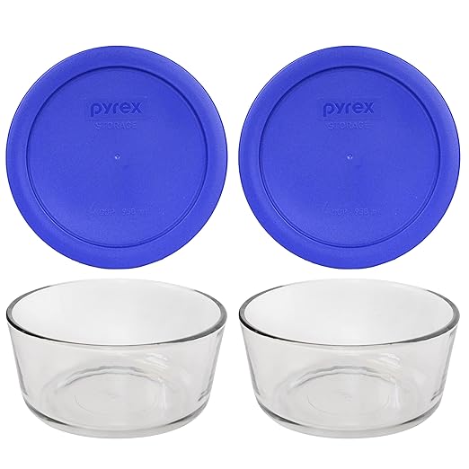 Pyrex (2 7201 Glass Bowls & (2) 7201-PC Cadet Blue Lids Made in the USA