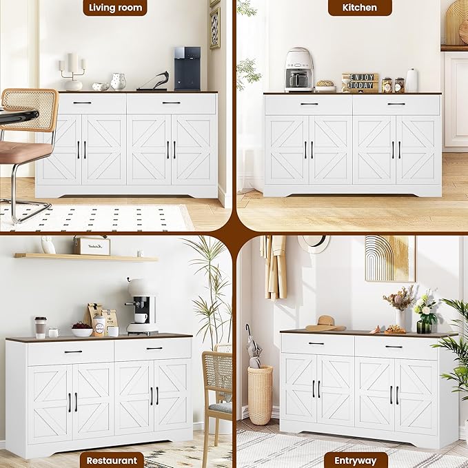55" Sideboard Buffet Cabinet with Storage, Large Kitchen Storage Sideboard with Drawers & Doors, Modern Wood Farmhouse Coffee Bar Cabinet, Buffet Table for Kitchen, Dining Room, Living Room, White