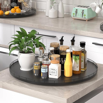 24" Oak Wooden Lazy Susan Turntable for Dining Table, Extra Large Round Lazy Susans Organizer for Kitchen Countertop Charcuterie Boards Cheese Board Organization and Storage Black Home Decor