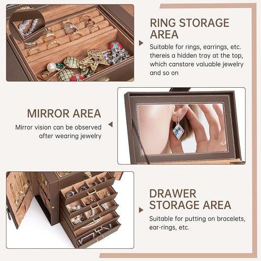 AKOZLIN 6-Tier Jewelry Box Organizer Functional 5 Drawers Leather Jewelry Storage Case for Women Girls Ring Necklace Earring Bracelet Holder Organizer with Mirror Medium Brown