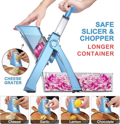 SupMaKin Upgrade Safe Mandoline Slicer,Multi Vegetable Chopper,Potato Slicer, Onion Chopper with Drain Basket Storage Container, Cheese Grater Kitchen Chopping Artifact (BlueGray)