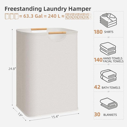 STORAGE MANIAC 3-Pack Large Laundry Hamper, 80L (21.1 Gal) Collapsible Laundry Basket with Bamboo Handles, Freestanding Waterproof Clothes Hamper for Laundry Room, Bedroom, Dorm, Towels, Beige