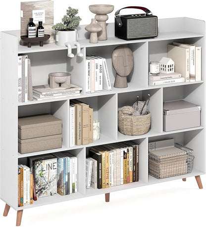Furinno Claude Book Shelf, 10-Cube Mid Century Style Bookshelf, Bookcase, Storage Organizer with Wood Legs, 9.4" x 55.1" x 45.1", for Living Room, Bedroom, Home Office, White