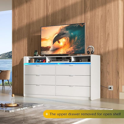 WLIVE 9 Drawer Led Dresser for Bedroom, 58" White Wood Dresser Storage Organizer with Charging Station for 65" TV, Dressers with Open Shelves, Chest of Drawers for Closet, Living Room