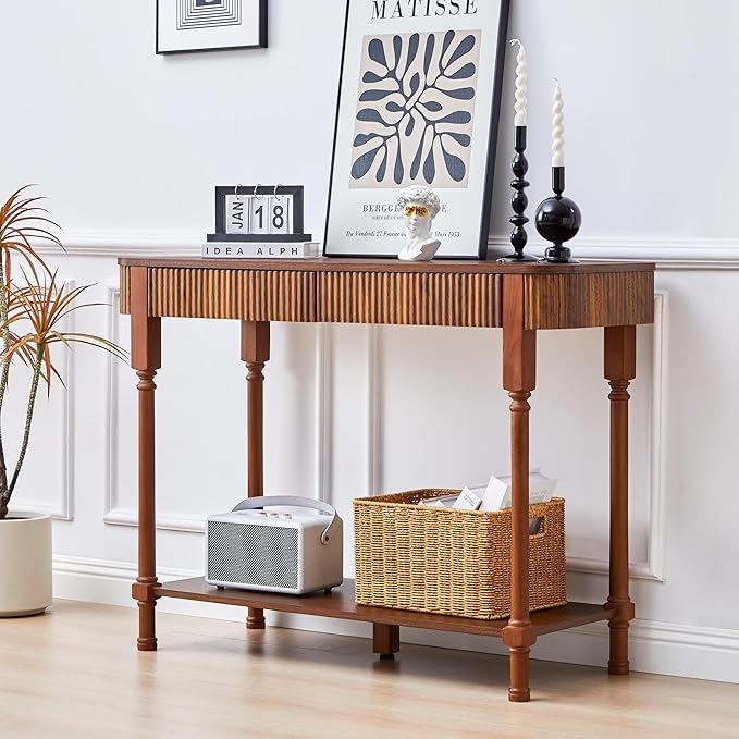 Fluted Console Table for Entryway, 43.3'' Narrow Entryway Tables with 2 Wooden Drawers, Retro Sofa Table Behind Couch Accent Tables for Foyer, Living Room, Hallway (Walnut)