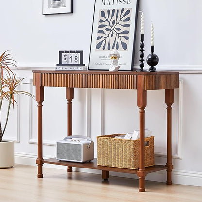 Fluted Console Table for Entryway, 43.3'' Narrow Entryway Tables with 2 Wooden Drawers, Retro Sofa Table Behind Couch Accent Tables for Foyer, Living Room, Hallway (Walnut)