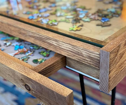 Rustic Puzzle Coffee Table with Removable Glass top - Includes 2 Hidden Drawers - 24x36. 100% Made in the USA