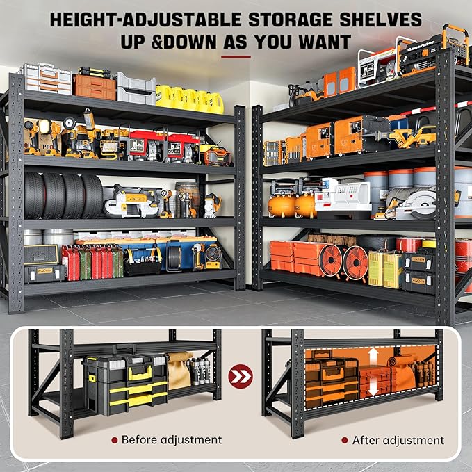 RAVIGIN 3000LBS Storage Shelves, 48" W Garage Shelving Heavy Duty Metal Adjustable Garage Shelves, Shelving Units Industrial Shelving for Warehouse, 48" W x 23.7" D x 70" H, Black