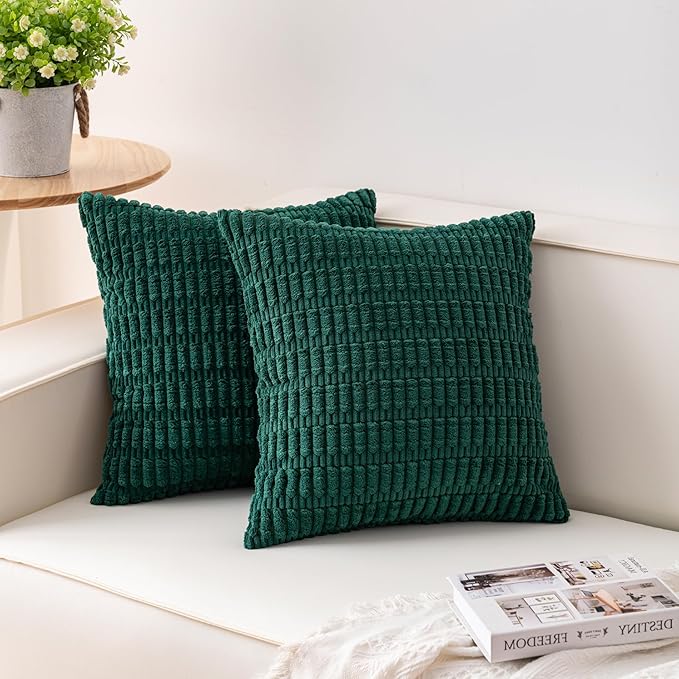 Aegero Pack of 2 Corduroy Decorative Throw Pillow Covers 16x16 Inch Soft Striped Pillow Covers Modern Farmhouse Home Decor for Sofa Living Room Couch Bed（Blackish Green）