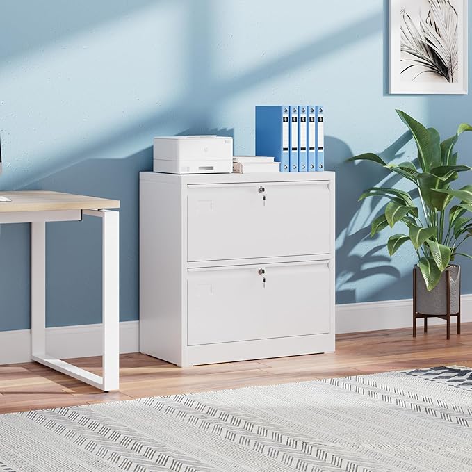 30.24" H Lateral File Cabinet with 2 Drawer,Metal Wide Filing Cabinet with 2 Locks and Business Card Slot for Home Office School Hanging Letter/Legal/F4/A4 Size Folders,Required Assembly,White