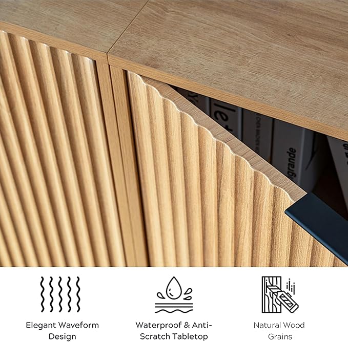 Fluted Storage Cabinets Set of 3, Sideboard Buffet Cabinets with Adjustable Shelves, Modern Accent Credenza, Console Table Entryway Cabinet for Living Room, Natural Oak