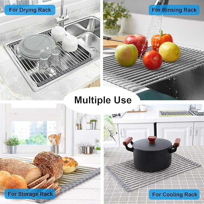 Over the Sink Dish Drying Rack, Searik Roll up Sink Dish Drainer Rack Foldable Kitchen Stainless Steel Dish Rack Sink Drying Rack (17.7” x 11.8”)