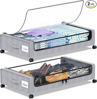 YAASHEEN Under Bed Storage with Wheels, 2-Pack Under the Bed Storage Containers with Clear Lids & Label, Underbed Storage Bins, XXL 60L Rolling Metal Drawer for Clothes, Shoes, Toys, Books - Gray