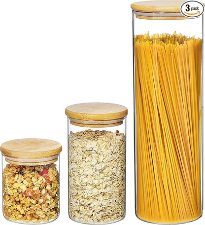 Vtopmart 3 Pack Kitchen Containers with Airtight Bamboo Lids (74oz/27oz/20oz), Glass Pantry Storage Containers for Pasta, Nuts, Coffee Beans, Cereal, Canisters Set for Pantry Organization, BPA Free