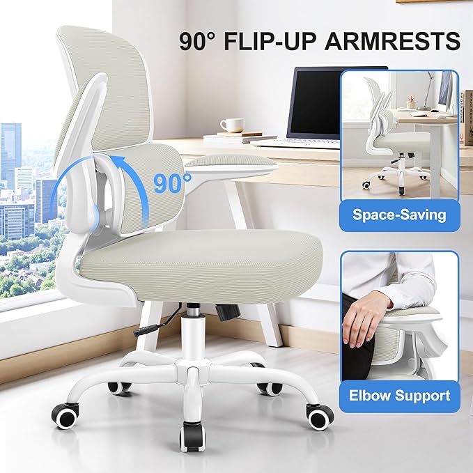 Ergonomic Office Chair, Breathable Mesh Ergonomic Desk Chair with Adjustable Lumbar Support, Flip-up Armrests, Computer Chairs Comfortable for Home, Office, Work, 300lbs, White