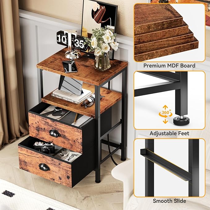Furologee Nightstand with Charging Station, End Table with LED Lights, Bedside Table with USB Ports & Outlets, Night Stands with 2 Drawers, for Living Room/Bedroom