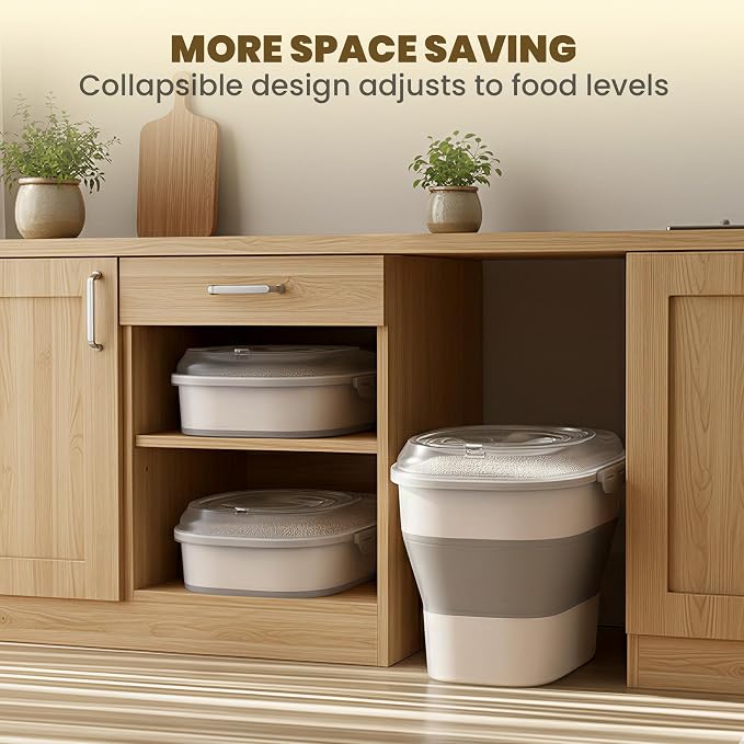20-50Lbs Rice Container,Collapsible Food Storage Containers with Clear Airtight Lid,Wheels,Date Track,Rice Storage Container with 2PCS Containers and Scoop for Flour Sugar Cereal Grain Dog Cat