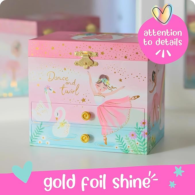 Giggle & Honey Musical Ballerina Jewelry Box for Girls - Kids Music Box with Spinning Ballerina, Ballet Birthday Gifts for Little Girls, Jewelry Boxes, 6.8 x 5.3 x 6 in - Ages 3-10, Pink