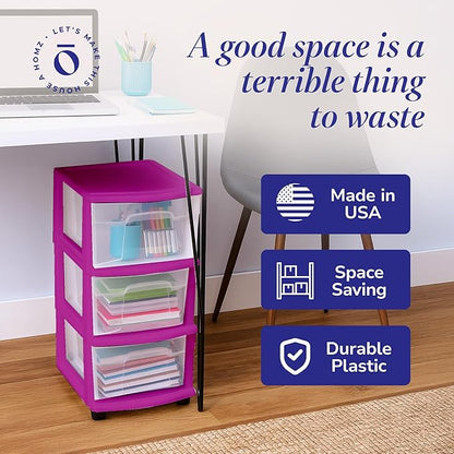HOMZ 3-Drawer Storage Cart, Plastic Home and Office Organizer, Purple Frame