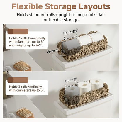 StorageWorks Small Wicker Scalloped Baskets for Bathroom Decor, Long Narrow Decorative Seagrass Baskets for Storage, Toilet Paper Basket for Back of Toilet Basket Tank Topper with Handles