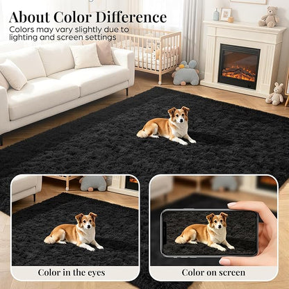 Area Rug for Living Room Bedroom: 9x12 Black Soft Fluffy Shag Upgrade Non-Slip High Pile Carpet Large Fuzzy Plush Indoor Floor Decor Shaggy Rug for Kid Boys Girls Dorms Playroom Nursery Modern Home