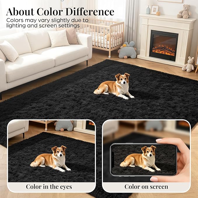 Area Rug for Living Room Bedroom: 5x7 Black Soft Fluffy Shag Upgrade Non-Slip High Pile Carpet Large Fuzzy Plush Indoor Floor Decor Shaggy Rug for Kid Boys Girls Dorms Playroom Nursery Modern Home