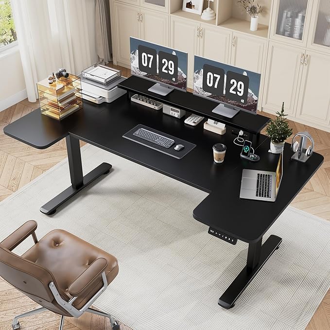 EnHomee 71 Inch Standing Desk Adjustable Electric with Monitor Stand, Computer Desk with Power Strip, Memory Height Home Office Desk for Home and Study Room, Black